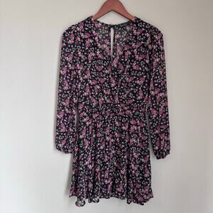 Trixxi Floral Long Sleeve Mini Dress Black Pink Boho Cottagecore Smocked Waist